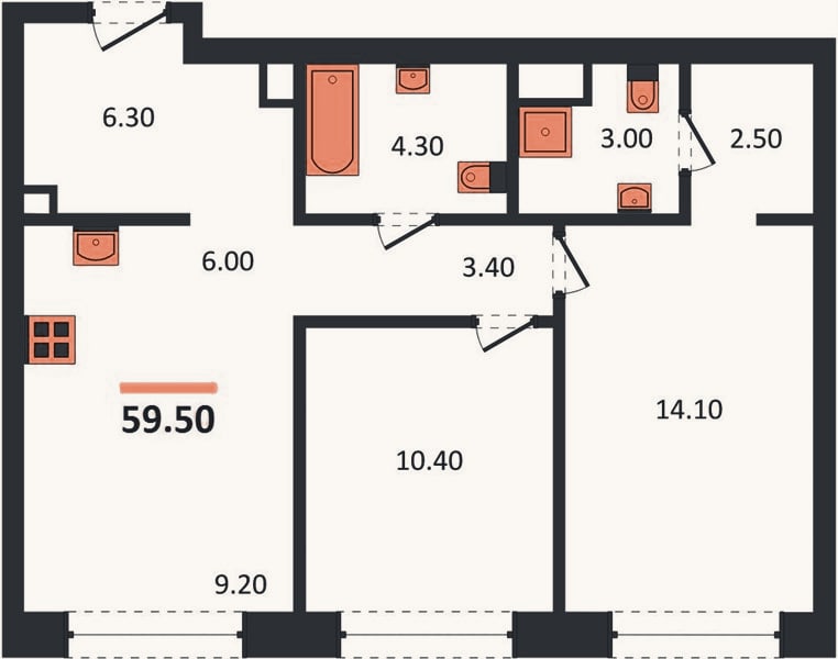 Планировка: 2-к, 59,5 м²