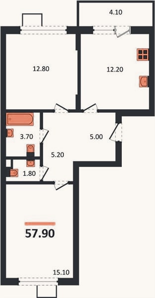 Планировка: 2-к, 57,9 м²