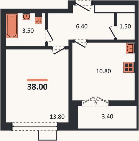 Планировка: 1-к, 38 м²