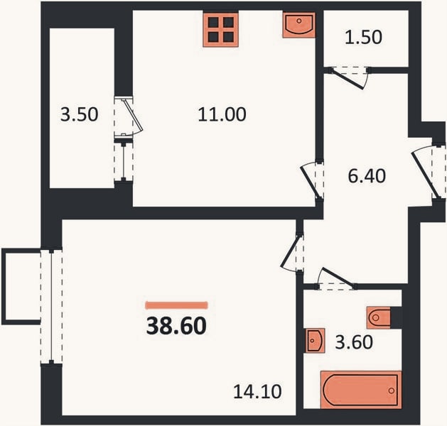 Планировка: 1-к, 38,6 м²