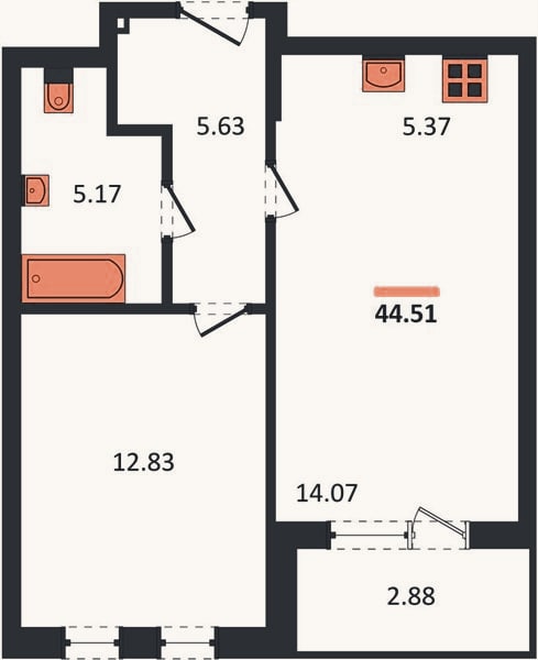 Планировка: 1-к, 44,5 м²