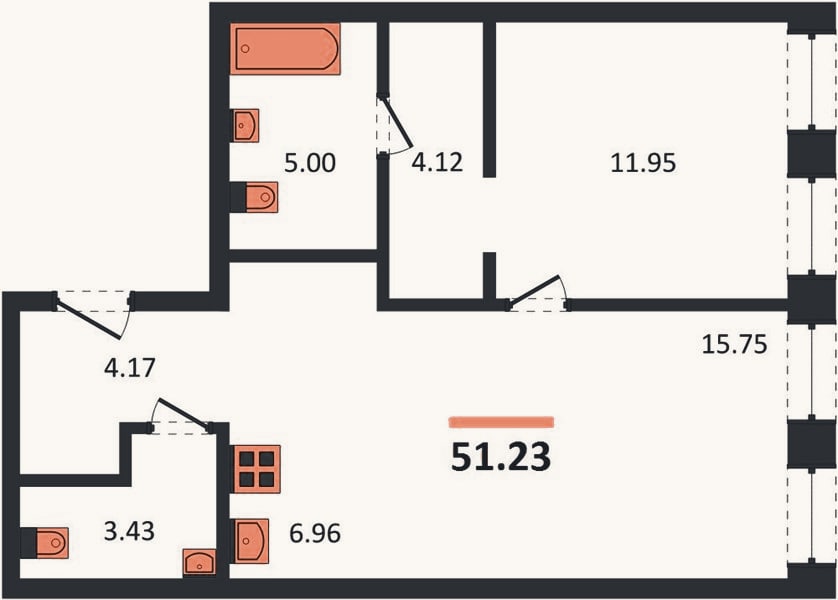 Планировка: 1-к, 51,2 м²