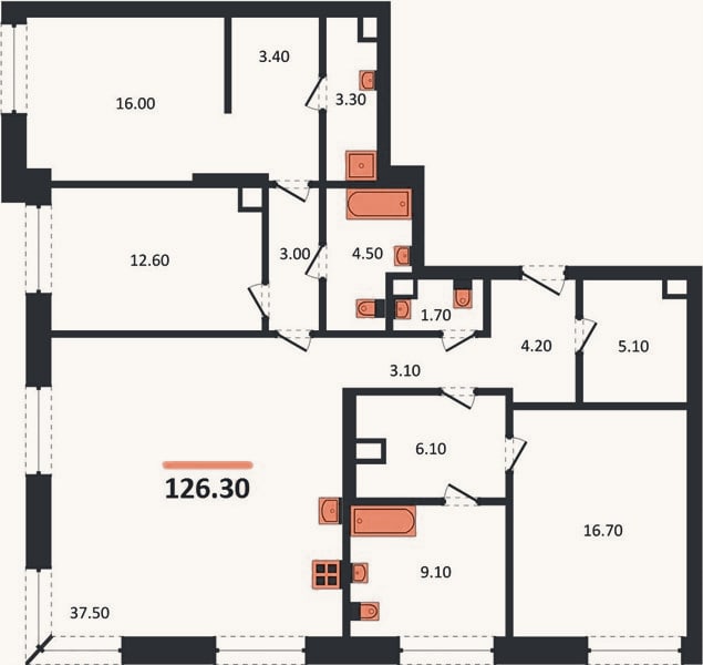 Планировка: 3-к, 126,3 м²