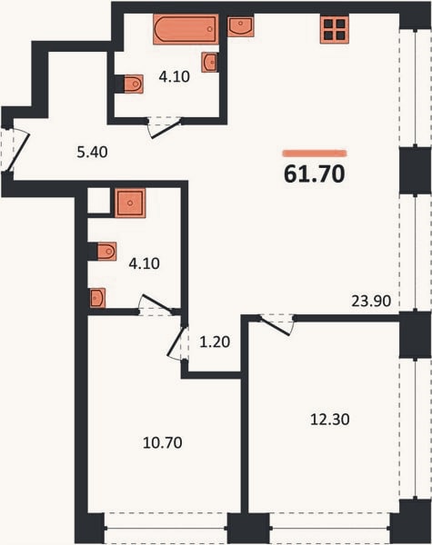 Планировка: 2-к, 62,3 м²