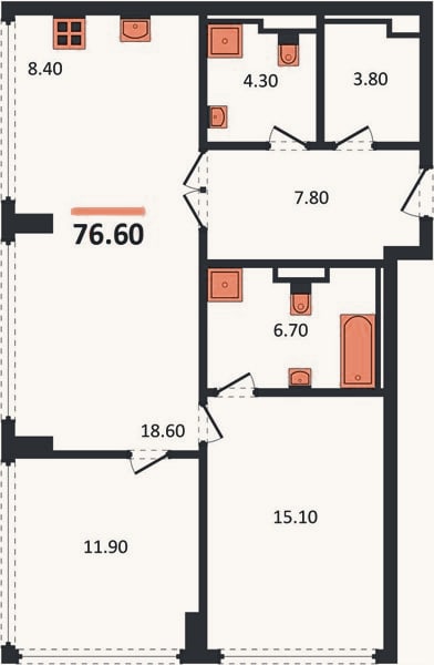 Планировка: 2-к, 76,6 м²