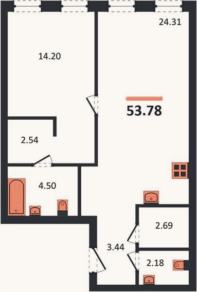 Планировка: 1-к, 53,8 м²