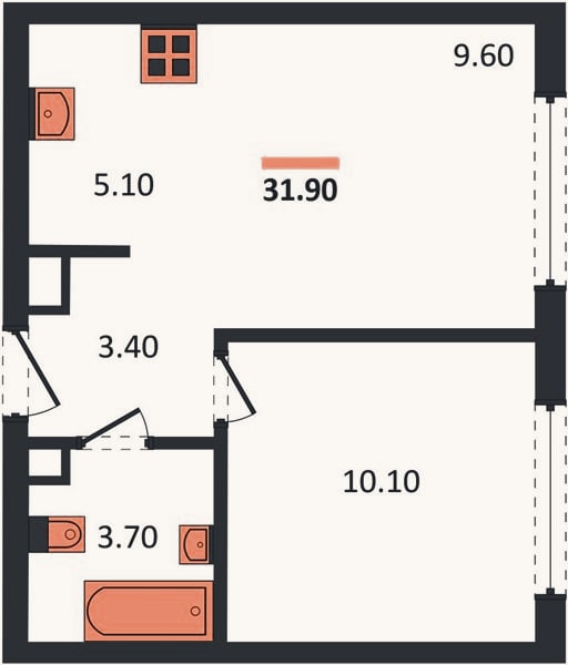 Планировка: 1-к, 31,9 м²