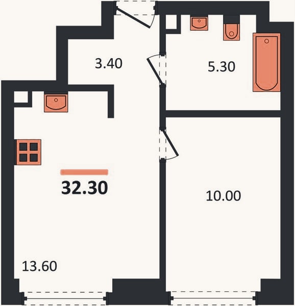 Планировка: 1-к, 32,3 м²
