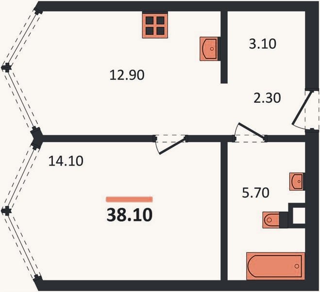 Планировка: 1-к, 38,1 м²
