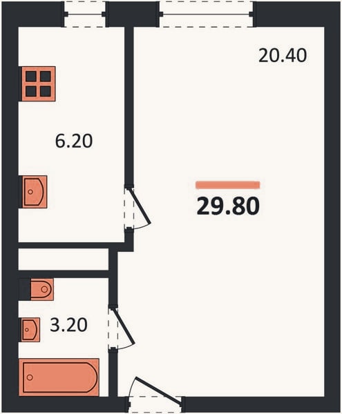 Планировка: 1-к, 29,8 м²