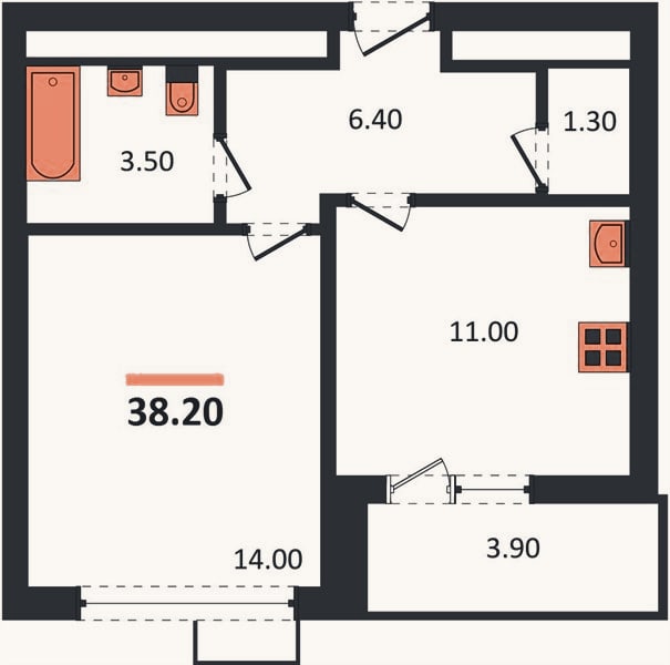 Планировка: 1-к, 38,4 м²