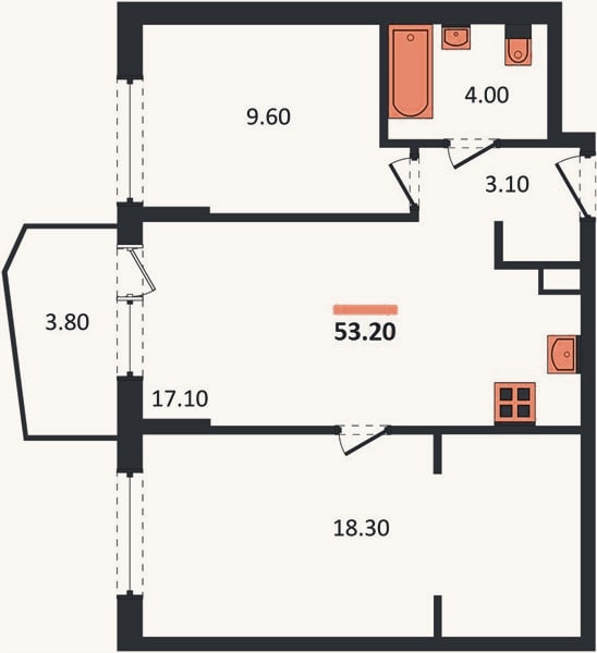 Планировка: 2-к, 53,2 м²