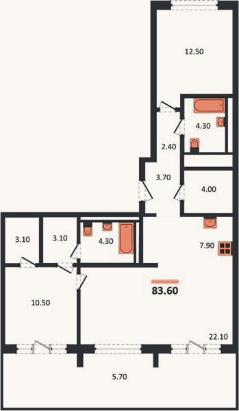 Планировка: 2-к, 83,6 м²