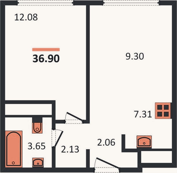 Планировка: 1-к, 36,9 м²