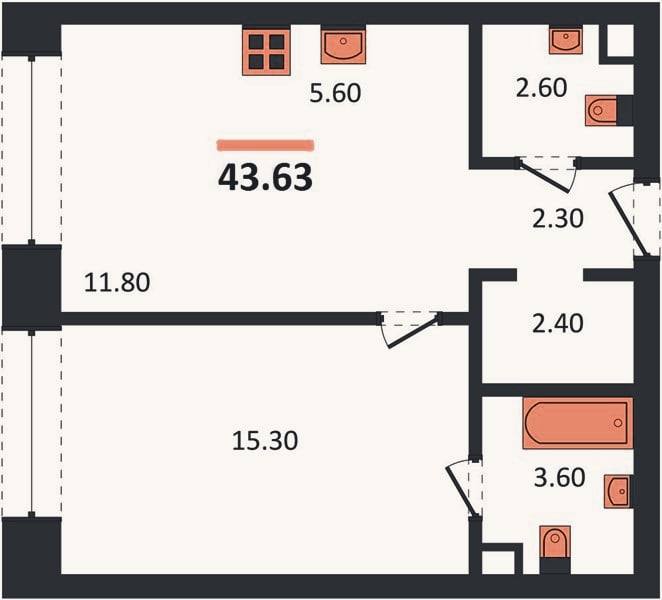 Планировка: 1-к, 43,6 м²