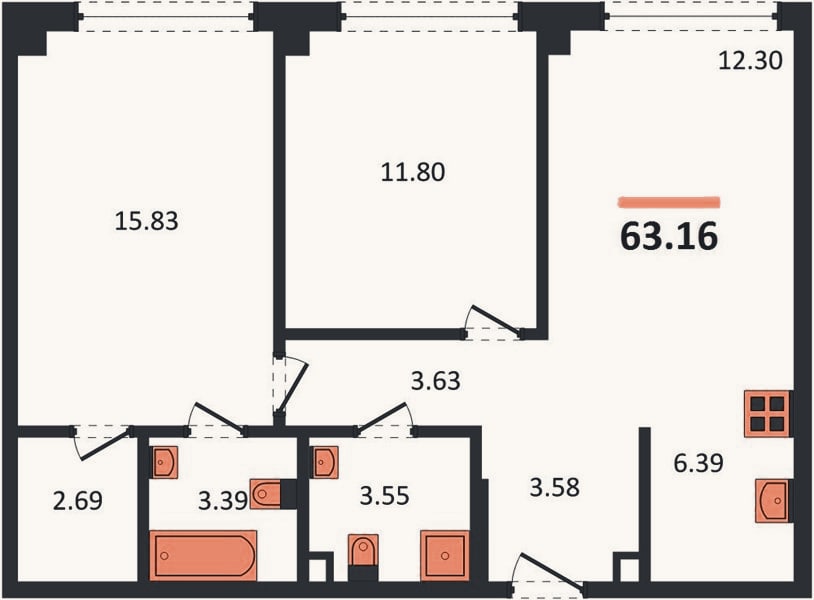 Планировка: 2-к, 63,2 м²