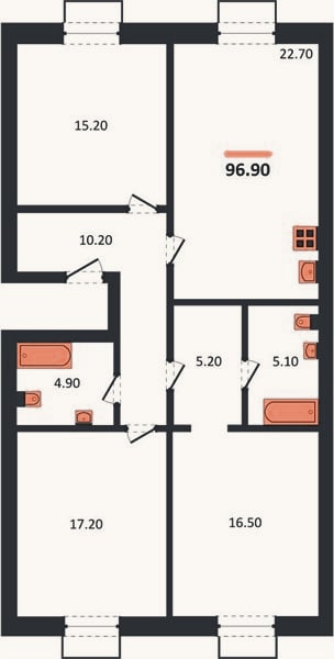 Планировка: 3-к, 96,9 м²