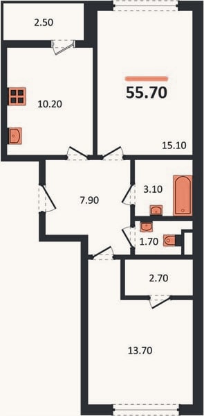 Планировка: 2-к, 55,7 м²