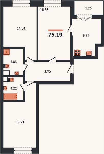 Планировка: 3-к, 75,2 м²