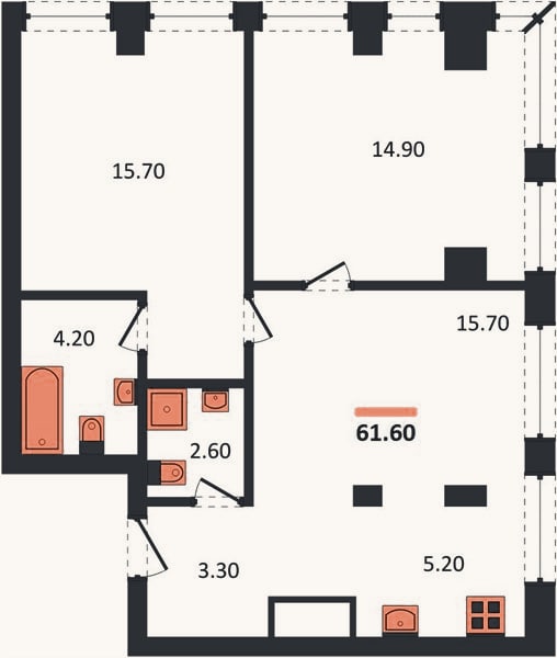 Планировка: 2-к, 61,6 м²