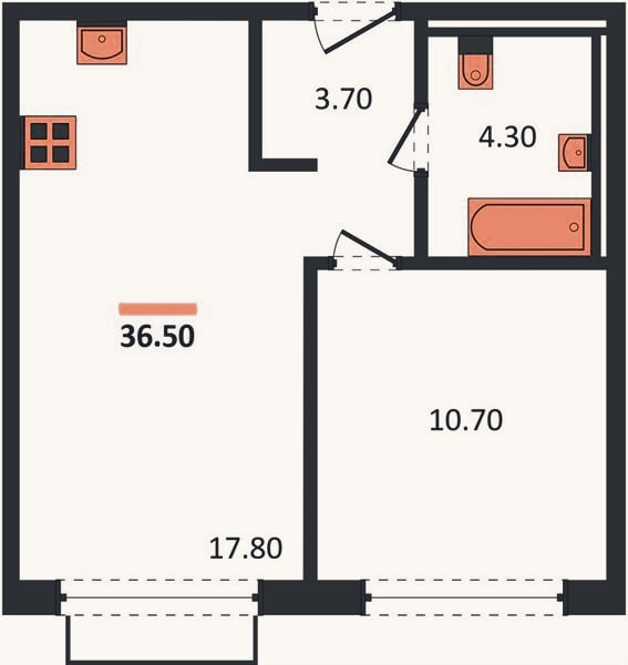 Планировка: 1-к, 36,5 м²