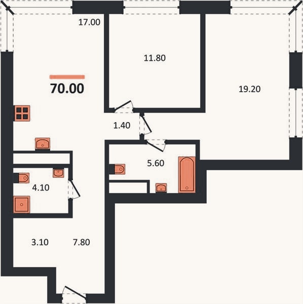 Планировка: 2-к, 70 м²