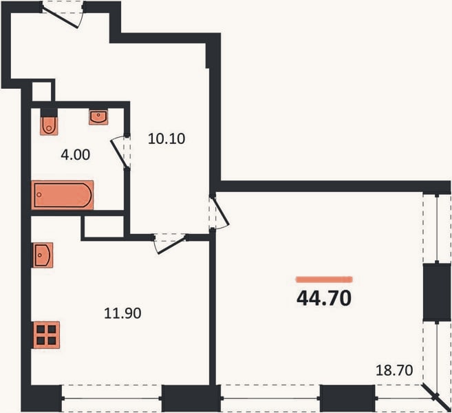 Планировка: 1-к, 44,7 м²