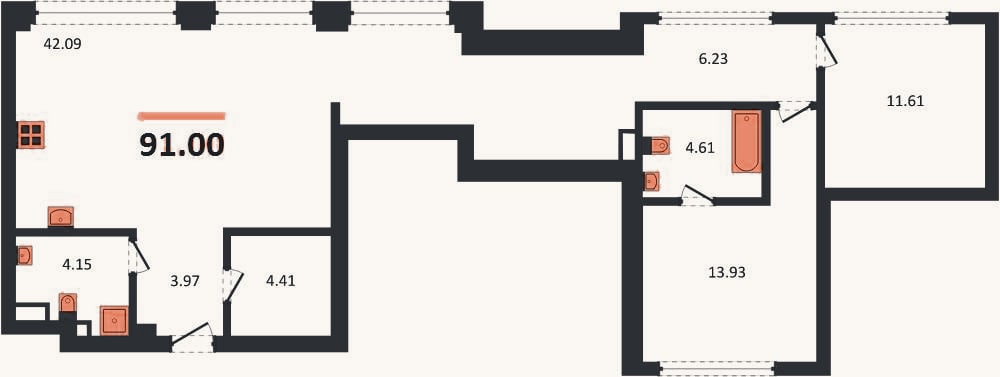 Планировка: 2-к, 91 м²