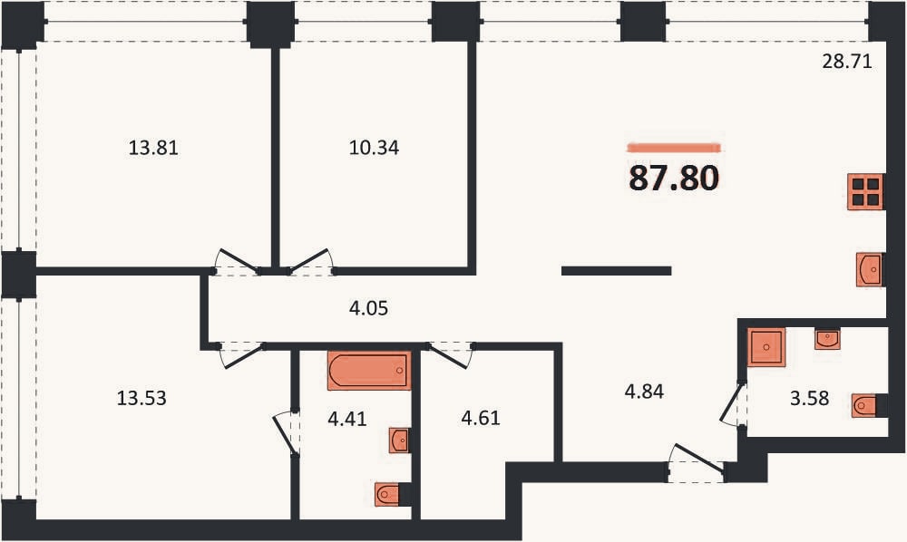 Планировка: 3-к, 87,8 м²