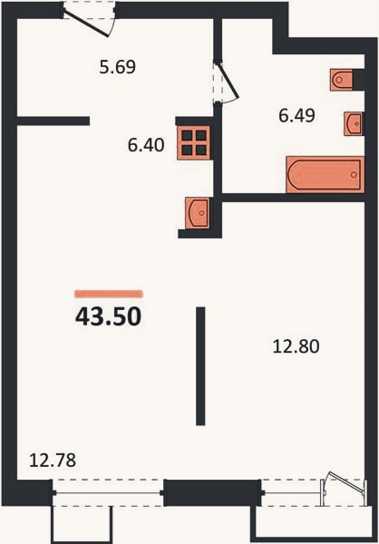 Планировка: 1-к, 43,5 м²