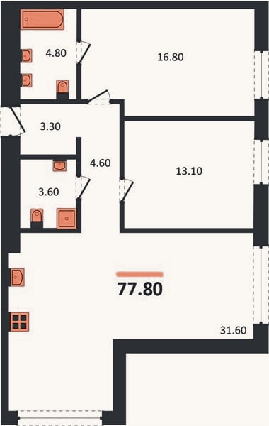 Планировка: 2-к, 77,8 м²