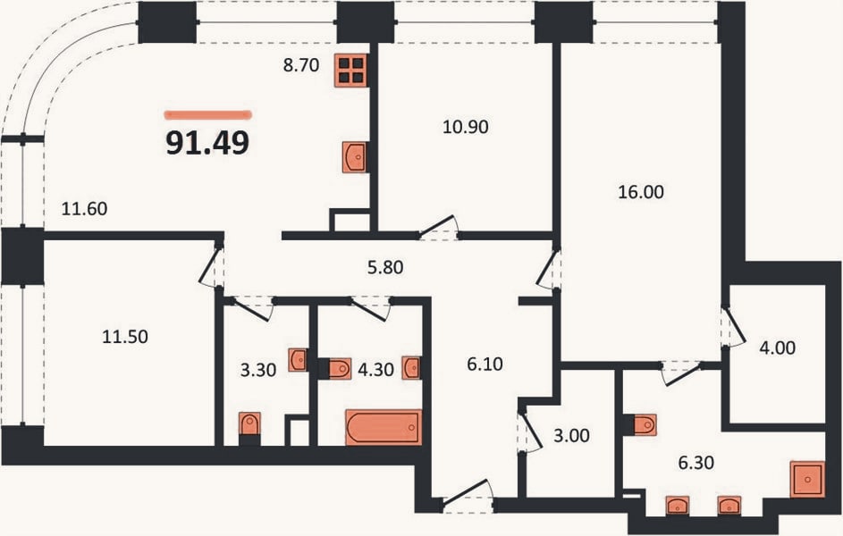 Планировка: 3-к, 91,5 м²