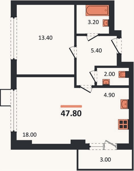 Планировка: 1-к, 47,8 м²