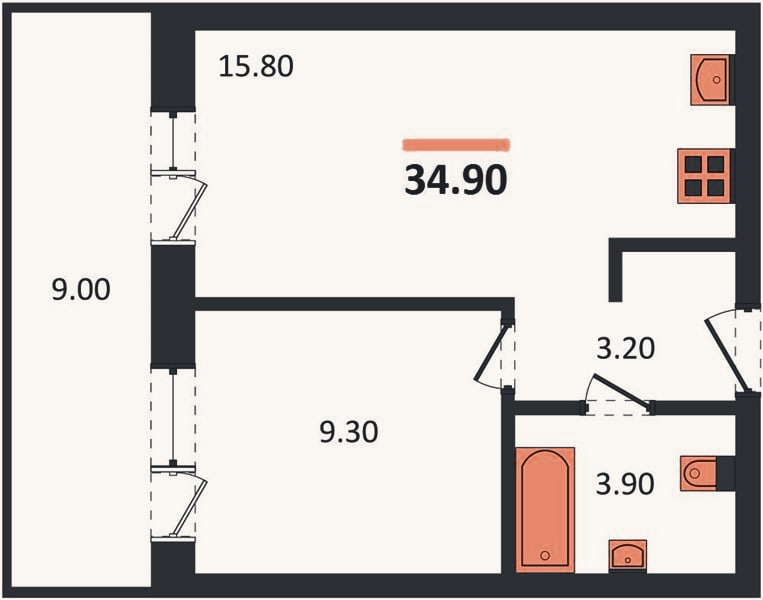 Планировка: 1-к, 34,9 м²