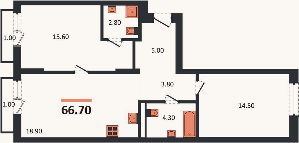 Планировка: 2-к, 66,6 м²