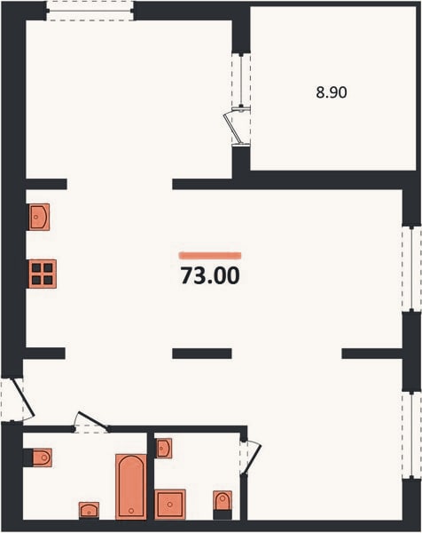 Планировка: 2-к, 73 м²