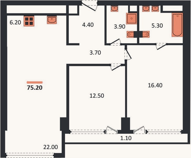 Планировка: 2-к, 75,2 м²