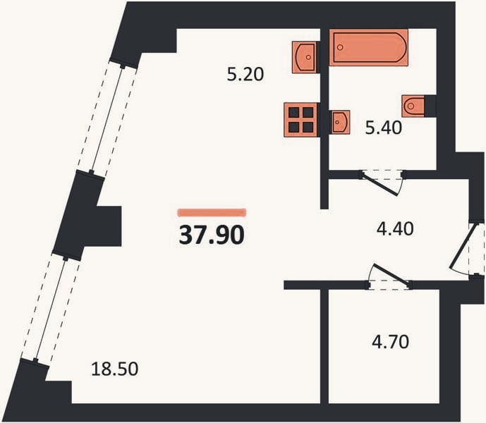 Планировка: Студия, 37,9 м²