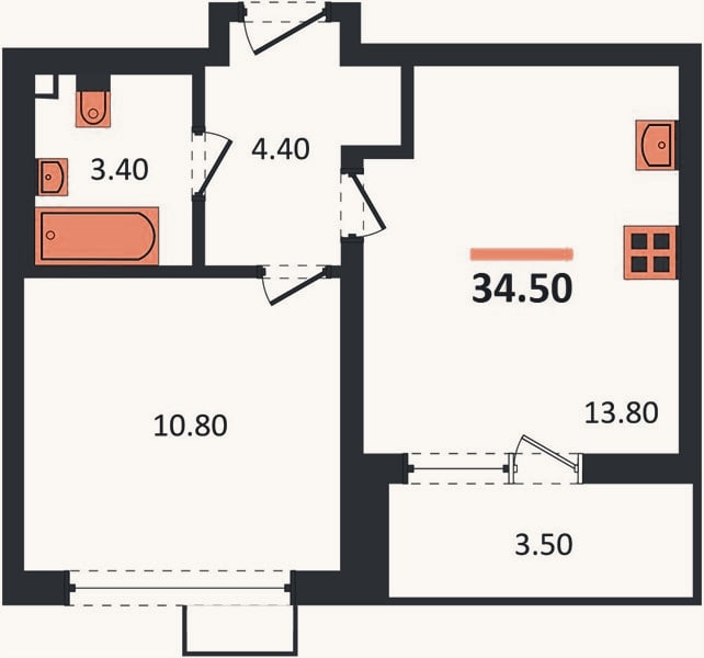Планировка: 1-к, 34,5 м²