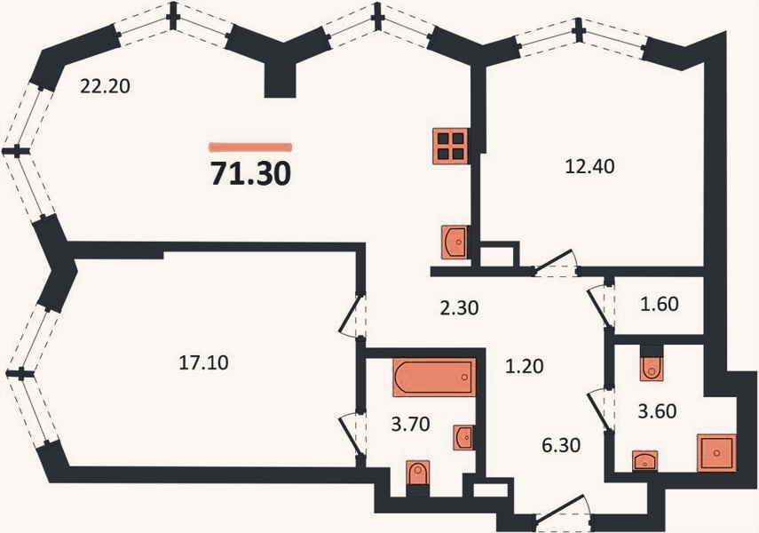 Планировка: 2-к, 71,3 м²