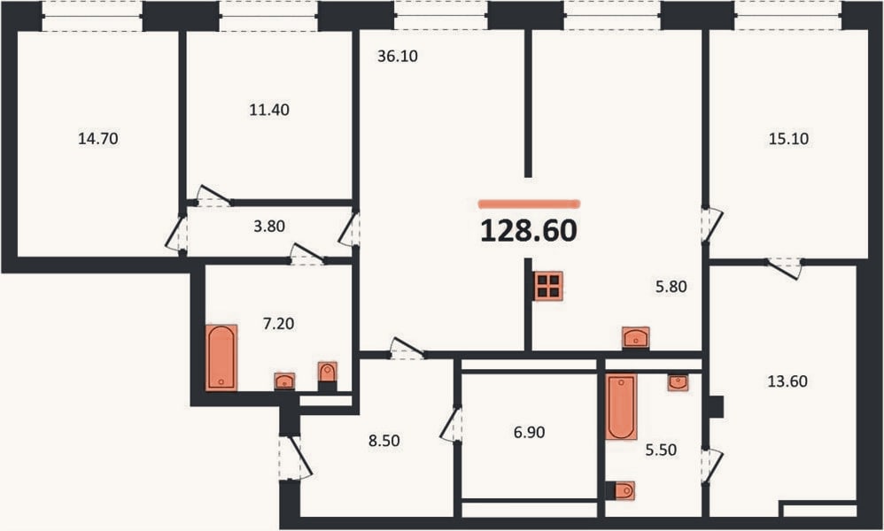 Планировка: 3-к, 128,6 м²