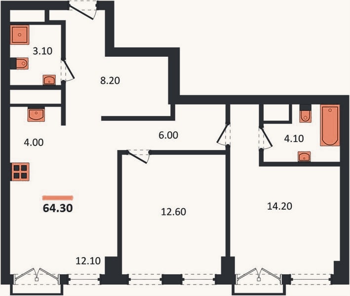 Планировка: 2-к, 64,3 м²