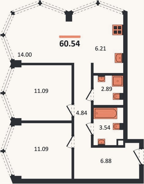 Планировка: 2-к, 60,5 м²