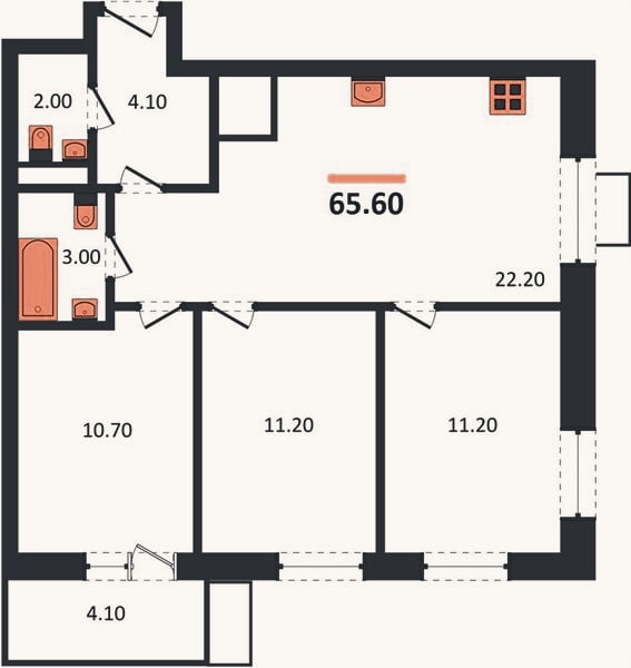 Планировка: 3-к, 65,6 м²