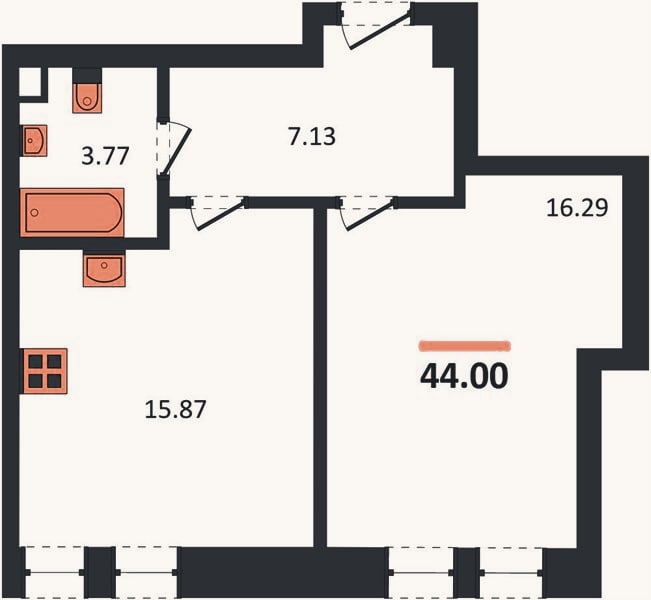 Планировка: 1-к, 44 м²