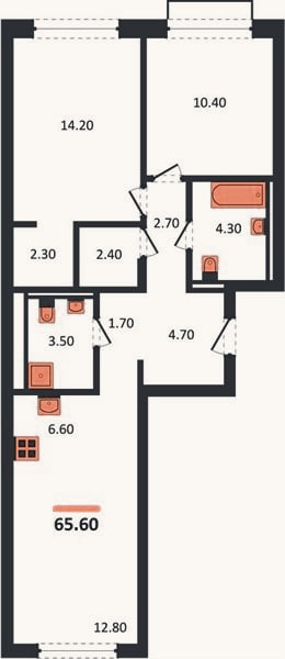 Планировка: 2-к, 65,6 м²