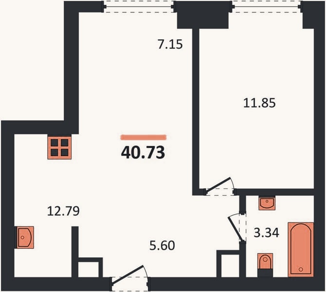 Планировка: 1-к, 40,7 м²