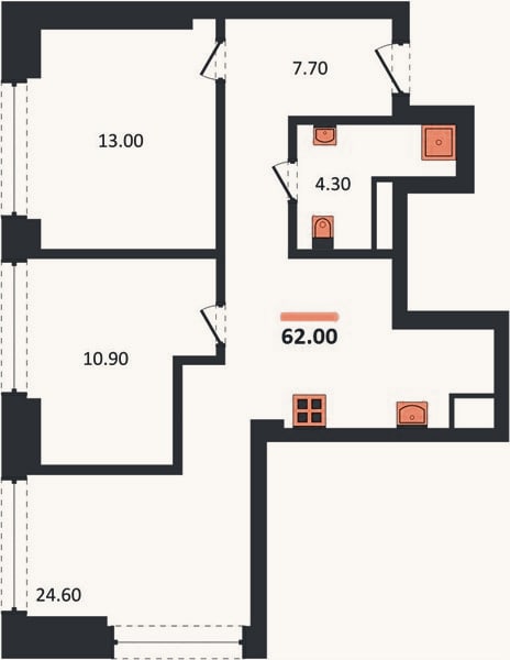 Планировка: 2-к, 62 м²