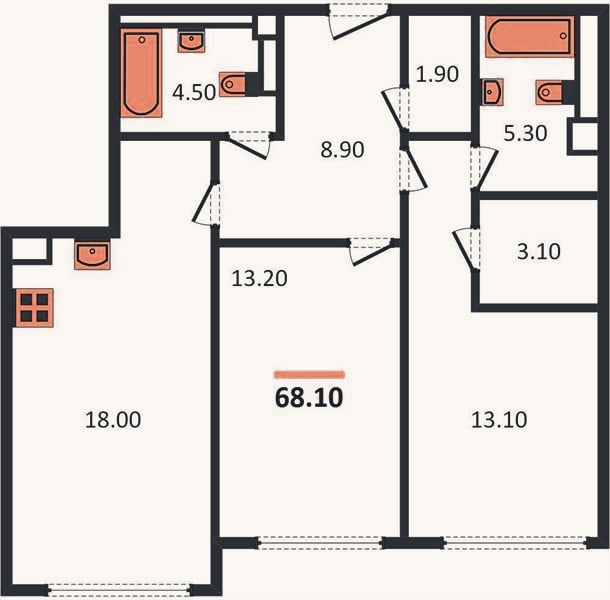 Планировка: 2-к, 68,1 м²