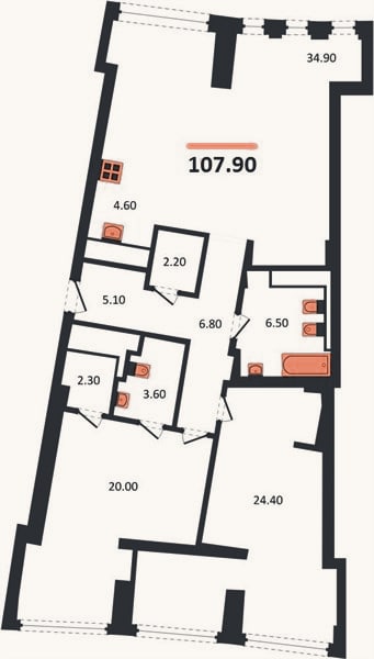 Планировка: 2-к, 107,9 м²